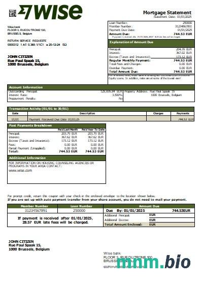 Belgia Bank Wise wyciąg z kredytu hipotecznego szablon Word i PDF